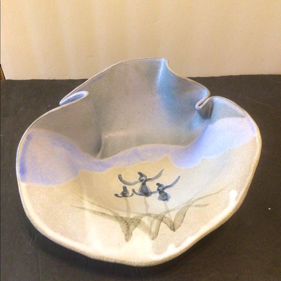 11in Handmade ornate signed stoneware dish